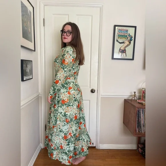 70s Vintage Vegetable Garden Print Green Maxi Dress - Picture 3 of 7